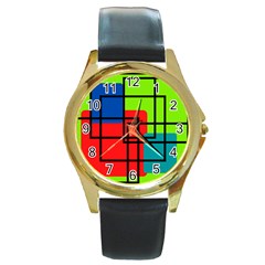 Colorful Rectangle Boxes Round Gold Metal Watch by Magicworlddreamarts1