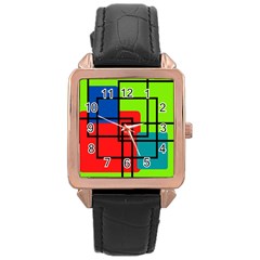 Colorful Rectangle Boxes Rose Gold Leather Watch  by Magicworlddreamarts1