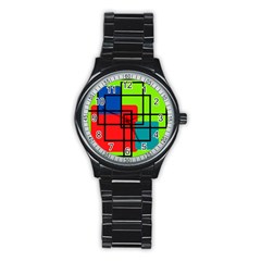 Colorful Rectangle Boxes Stainless Steel Round Watch by Magicworlddreamarts1