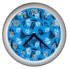 Folk Flowers Art Pattern Floral  Surface Design  Seamless Pattern Wall Clock (silver) by Eskimos