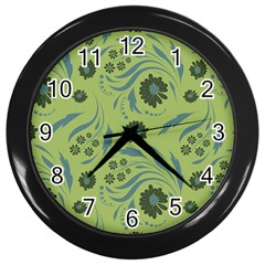 Folk Flowers Art Pattern Wall Clock (black) by Eskimos