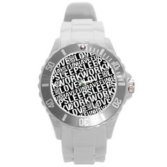 Sleep Work Love And Have Fun Typographic Pattern Round Plastic Sport Watch (l) by dflcprintsclothing