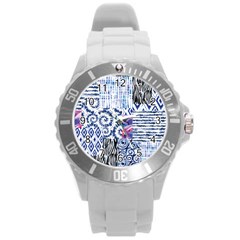 Blue Pastel Print Round Plastic Sport Watch (l) by designsbymallika