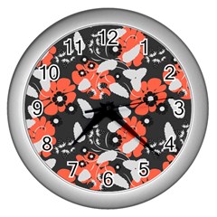 Folk flowers art pattern Floral   Wall Clock (Silver)