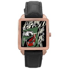 Monster Bird Portrait Illustration Rose Gold Leather Watch 