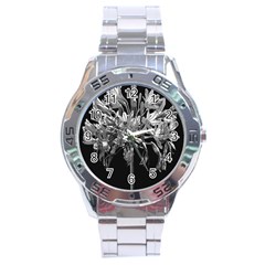 Black And White Lilies Botany Motif Print Stainless Steel Analogue Watch