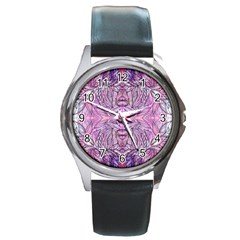 Biro On Pink Symmetry Round Metal Watch by kaleidomarblingart