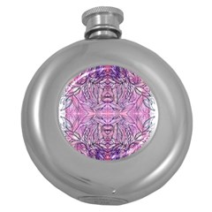 Biro On Pink Symmetry Round Hip Flask (5 Oz) by kaleidomarblingart