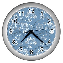 Folk Flowers Art Pattern  Wall Clock (silver) by Eskimos