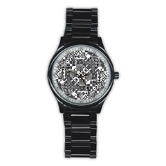 Black And White Geometric Print Stainless Steel Round Watch by dflcprintsclothing