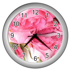 Magenta Bouquet Wall Clock (silver) by kaleidomarblingart