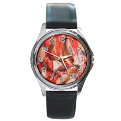 Abstract Red Petals Round Metal Watch by kaleidomarblingart