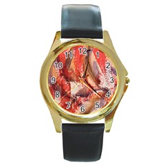 Abstract Red Petals Round Gold Metal Watch by kaleidomarblingart