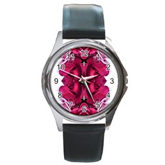 Diagonal Magenta Bouquet Round Metal Watch by kaleidomarblingart