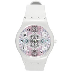 Pink On Grey Arabesque Round Plastic Sport Watch (m) by kaleidomarblingart