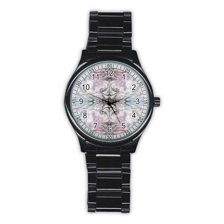 Pink on grey arabesque Stainless Steel Round Watch