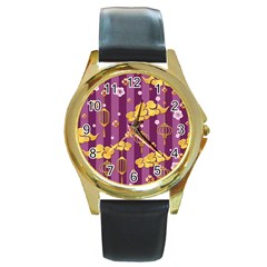 Aesthtic Pink Love Round Gold Metal Watch by designsbymallika