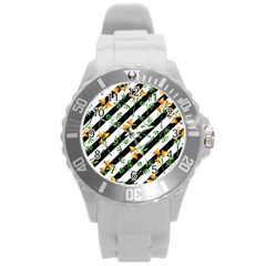 Orange Stripes Love Round Plastic Sport Watch (l) by designsbymallika