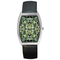 Frosted Green Leaves Repeats Barrel Style Metal Watch by kaleidomarblingart