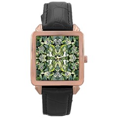 Frosted Green Leaves Repeats Rose Gold Leather Watch  by kaleidomarblingart