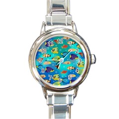 Cheerful And Bright Fish Swim In The Water Round Italian Charm Watch by SychEva