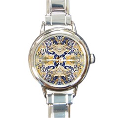 Gold On Blue Symmetry Round Italian Charm Watch by kaleidomarblingart