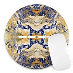 Gold On Blue Symmetry Round Mousepads by kaleidomarblingart