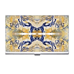 Gold On Blue Symmetry Business Card Holder by kaleidomarblingart