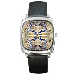 Gold On Blue Symmetry Square Metal Watch by kaleidomarblingart