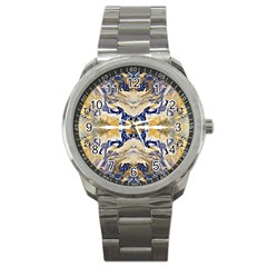 Gold On Blue Symmetry Sport Metal Watch by kaleidomarblingart