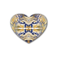 Gold On Blue Symmetry Rubber Coaster (heart)  by kaleidomarblingart