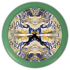 Gold On Blue Symmetry Color Wall Clock by kaleidomarblingart