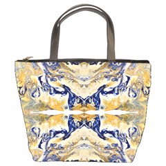 Gold On Blue Symmetry Bucket Bag by kaleidomarblingart