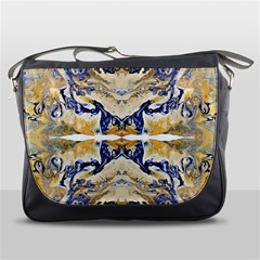 Gold On Blue Symmetry Messenger Bag by kaleidomarblingart