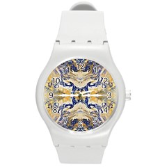 Gold On Blue Symmetry Round Plastic Sport Watch (m) by kaleidomarblingart