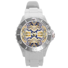 Gold On Blue Symmetry Round Plastic Sport Watch (l) by kaleidomarblingart