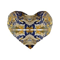 Gold On Blue Symmetry Standard 16  Premium Heart Shape Cushions by kaleidomarblingart