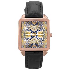 Gold On Blue Symmetry Rose Gold Leather Watch  by kaleidomarblingart