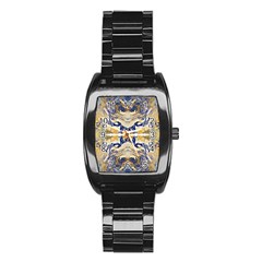 Gold On Blue Symmetry Stainless Steel Barrel Watch by kaleidomarblingart