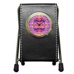 Magenta Kaleidoscope Pen Holder Desk Clock by kaleidomarblingart