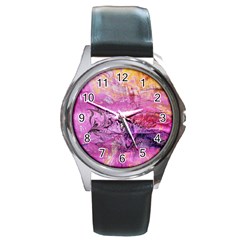 Magenta On Ochre Abstract  Round Metal Watch