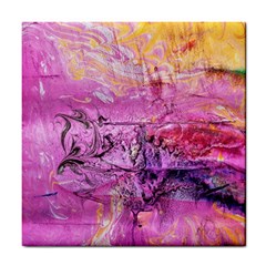 Magenta On Ochre Abstract  Tile Coaster by kaleidomarblingart