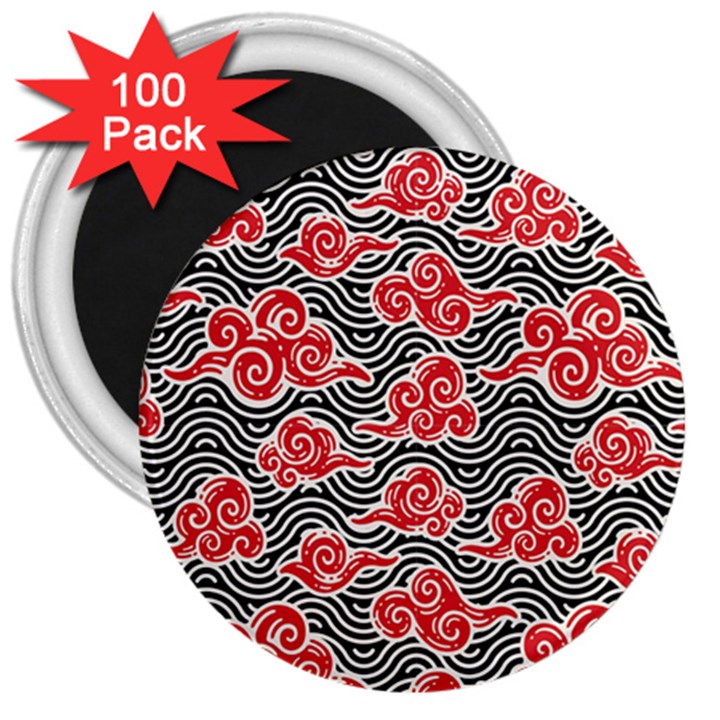 Red Black Waves 3  Magnets (100 pack)