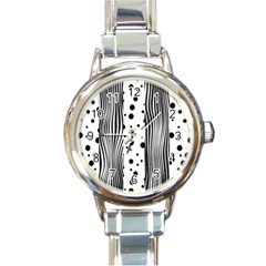 Stripes Black White Pattern Round Italian Charm Watch by designsbymallika