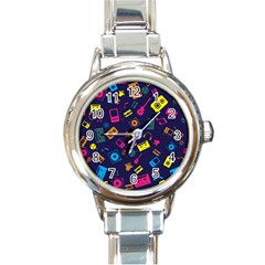 Seamless Musical Pattern Round Italian Charm Watch by designsbymallika