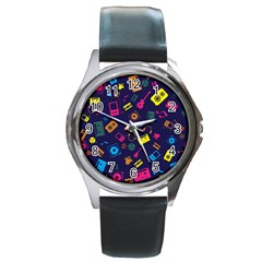 Seamless Musical Pattern Round Metal Watch by designsbymallika