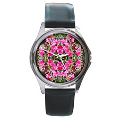 Magenta Flowers Round Metal Watch by kaleidomarblingart