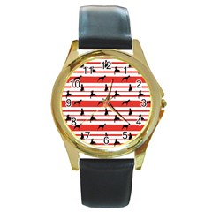 Doberman Dogs On Lines Round Gold Metal Watch by SychEva