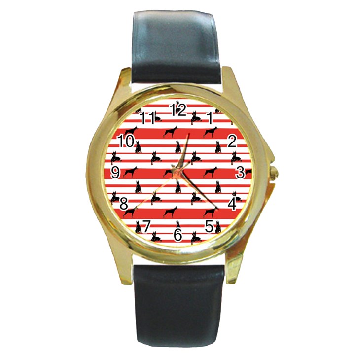 Doberman Dogs On Lines Round Gold Metal Watch