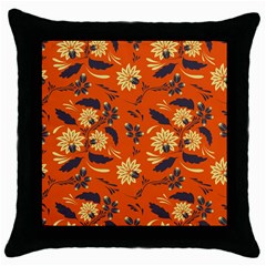 Folk Flowers Pattern  Throw Pillow Case (black) by Eskimos